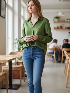 Worthington Olive Green Satin Button-Down Blouse